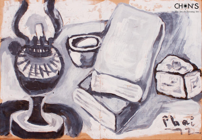 Tác phẩm: Đèn Sách. Họa sĩ: Bùi Xuân Phái. Chất liệu: Bột màu trên giấy. Kích thước: 38 x 26,5 cm. Năm sáng tác: 1972. Ký: “”Phai 72” - dưới phải.