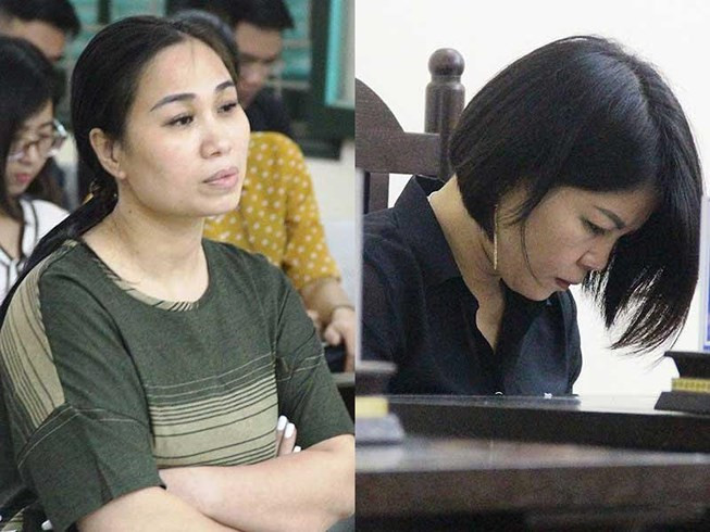 Bị cáo Vân (bìa trái) và bà Thượng úy Vững tại phiên tòa.