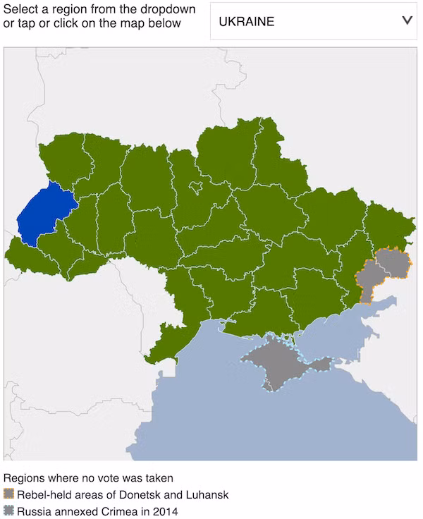 Tỷ lệ bầu áp đảo, màu xanh lá cây bầu cho danh hài. Màu xanh da trời bầu cho tổng thống sắp mãn nhiệm. Trong đó có các vùng không bỏ phiếu gồm Donetsk và Luhansk. Tỷ lệ bầu áp đảo, màu xanh lá cây bầu cho danh hài. Màu xanh da trời bầu cho tổng thống sắp mãn nhiệm. Trong đó có các vùng không bỏ phiếu gồm Donetsk và Luhansk.