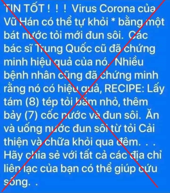 Nội dung tin giả về việc có thể chữa COVID-19 bằng tỏi. Ảnh: CA TP. HN Nội dung tin giả về việc có thể chữa COVID-19 bằng tỏi. Ảnh: CA TP. HN