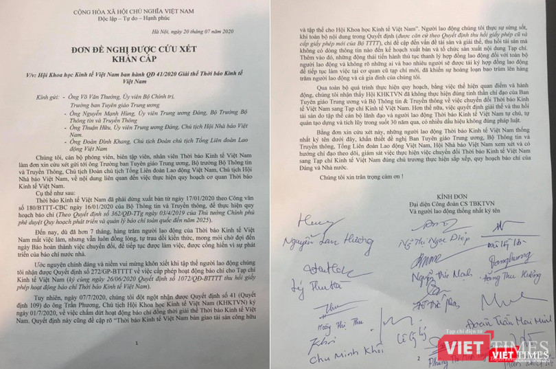 Đơn xin cứu xét khẩn cấp của người lao động Thời báo Kinh tế Việt Nam vừa được hoàn thành hôm nay (20/7).
