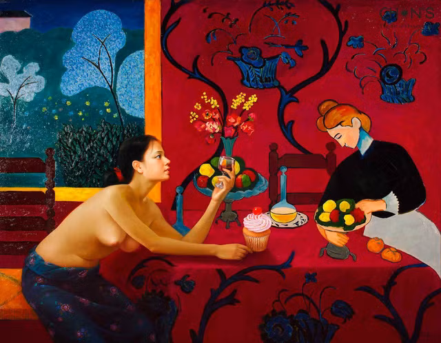 Bức “Rượu hồng” - họa sĩ Lê Thế Anh lấy cảm hứng từ thành công lớn của các danh họa đi trước và dùng giá trị đó để tương tác, đối thoại, trở thành một tác phẩm độc lập.