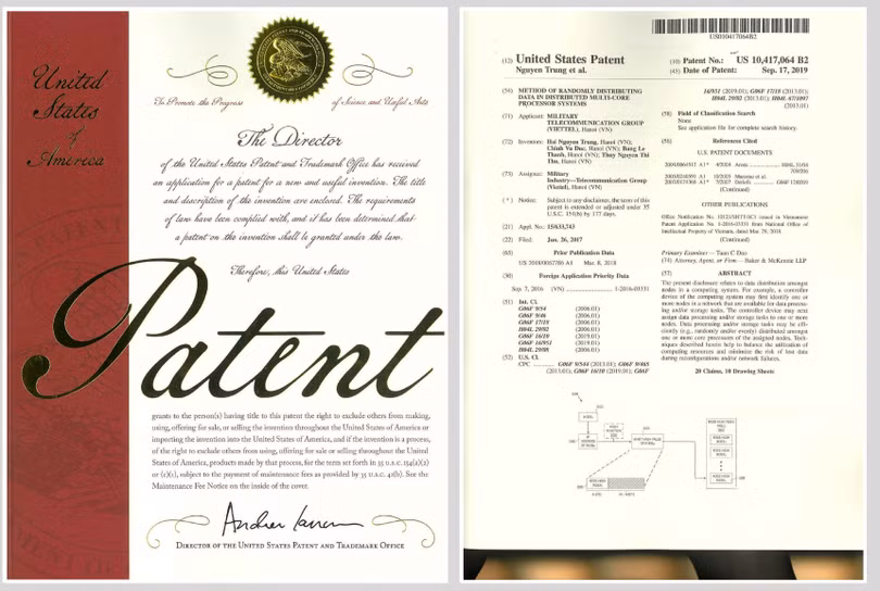 Bằng bảo hộ độc quyền do Cơ quan Sáng chế và Nhãn hiệu Hoa kỳ cấp.
