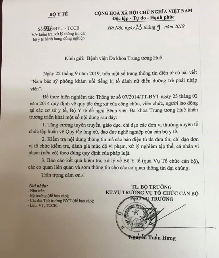 Công văn của Bộ Y tế yêu cầu xử lý nghiêm vụ việc