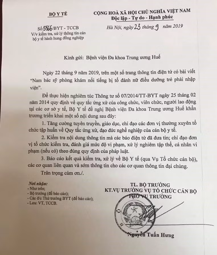 Công văn của Bộ Y tế yêu cầu xử lý nghiêm vụ việc
