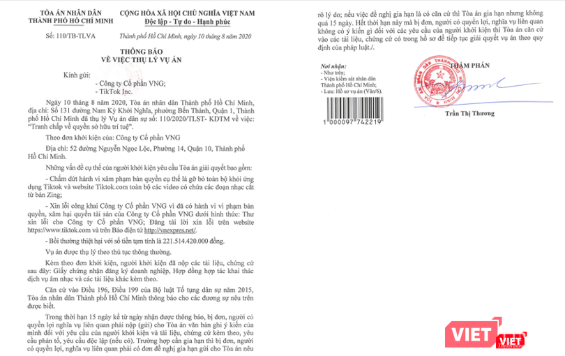 Thông báo về việc thụ lý vụ việc VNG kiện TikTok do vi phạm quyền sở hữu trí tuệ.