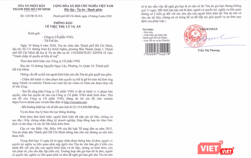 Thông báo về việc thụ lý vụ việc VNG kiện TikTok do vi phạm quyền sở hữu trí tuệ. Thông báo về việc thụ lý vụ việc VNG kiện TikTok do vi phạm quyền sở hữu trí tuệ.