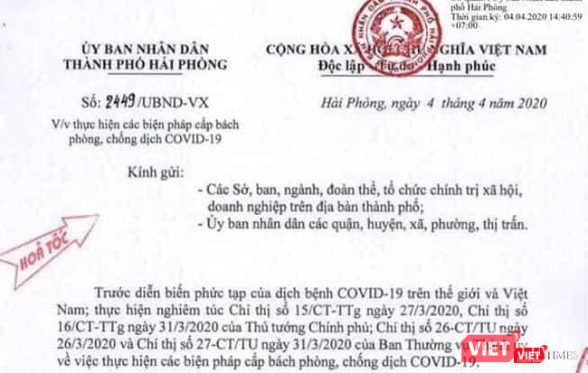Công văn hỏa tốc của UBND TP Hải Phòng mới phát đi hôm qua (4/4).
