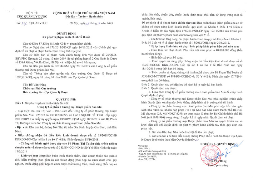 Toàn văn quyết định xử phạt Công ty Cổ phần Thương mại Dược phẩm Sao Mai của Cục Quản lý Dược