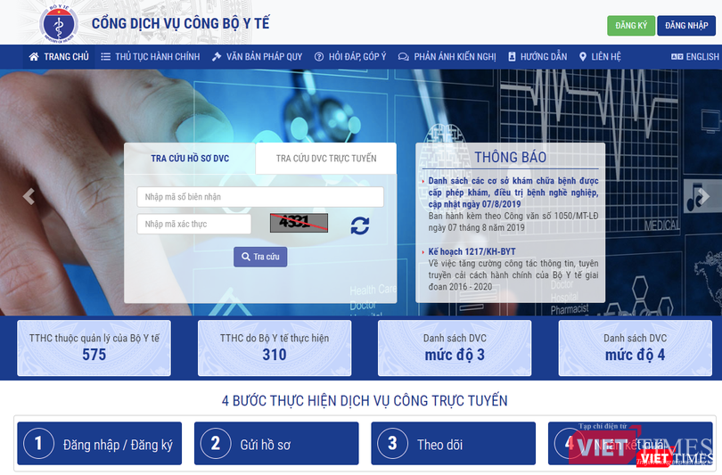 Giao diện chính của Cổng Dịch vụ công Bộ Y tế.