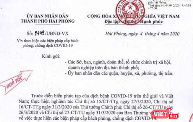 Công văn hỏa tốc của UBND TP Hải Phòng mới phát đi hôm qua (4/4).