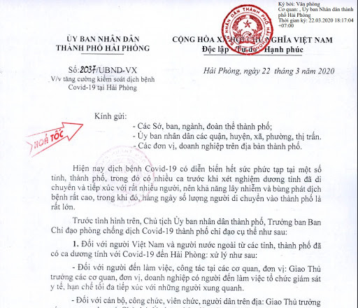 Công văn khẩn của UBND TP. Hải Phòng. Công văn khẩn của UBND TP. Hải Phòng.