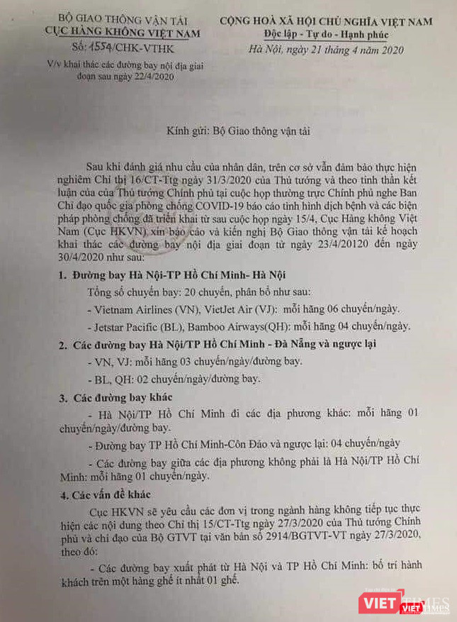 Văn bản của Cục Hàng không Việt Nam gửi Bộ Giao thông vận tải về việc mở lại toàn bộ đường bay nội địa.