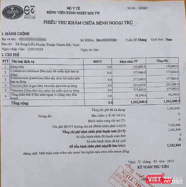 Phiếu xét nghiệm của một cháu bé có chi phí 1,562 triệu đồng Phiếu xét nghiệm của một cháu bé có chi phí 1,562 triệu đồng