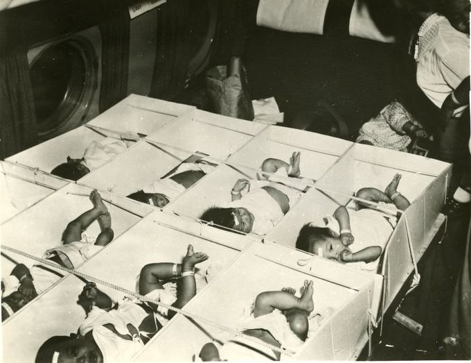 Trẻ sơ sinh được đánh số và đặt trong các hộp lớn có chằng dây để đảm bảo an toàn. 