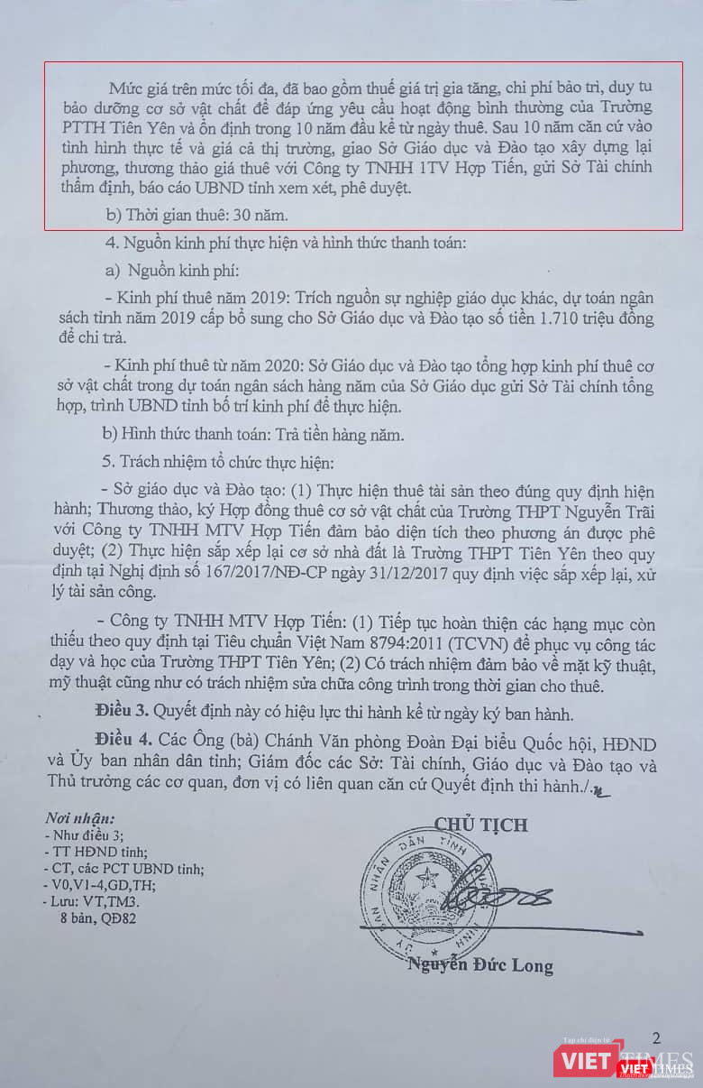 Quyết định ghi rõ thời hạn thuê trường là 30 năm Quyết định ghi rõ thời hạn thuê trường là 30 năm