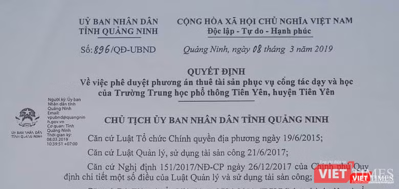 Quyết định số 896 của UBND tỉnh Quảng Ninh về việc thuê trường