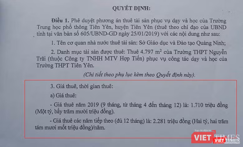 Quyết định thông tin chi tiết về tiền thuê trường hàng năm