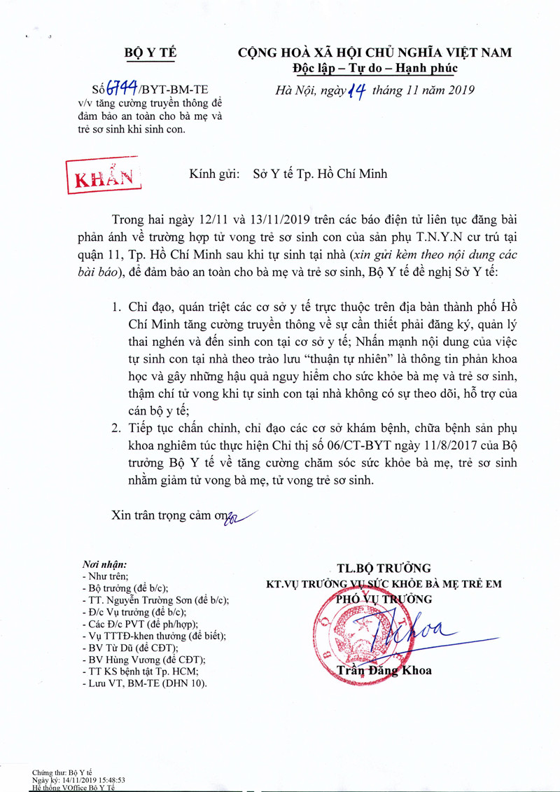 Công văn khẩn của Bộ Y tế về trào lưu sinh con thuận tự nhiên.