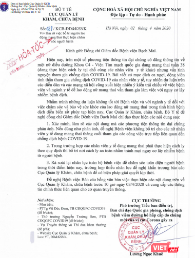 Nội dung công văn hỏa tốc của Cục Quản lý Khám, chữa bệnh gửi Bệnh viện Bạch Mai.