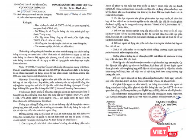 Công văn của Cục An toàn thông tin mới phát đi tối nay về việc không nên dùng ứng dụng Zoom. Ảnh: Anh Lê