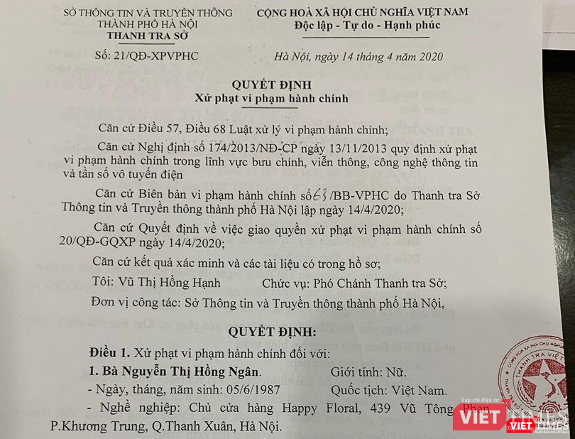 Sở TT&TT Hà Nội ra quyết định xử phạt đối với chủ tài khoản Facebook. Ảnh: Anh Lê