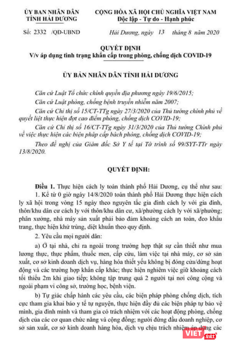 Hải Dương quyết định áp dụng tình trạng khẩn cấp trong phòng, chống dịch COVID-19 tại Thành phố Hải Dương sau khi phát hiện 3 trường hợp dương tính SARS-CoV-2 có liên quan đến bệnh nhân 867. Hải Dương quyết định áp dụng tình trạng khẩn cấp trong phòng, chống dịch COVID-19 tại Thành phố Hải Dương sau khi phát hiện 3 trường hợp dương tính SARS-CoV-2 có liên quan đến bệnh nhân 867.