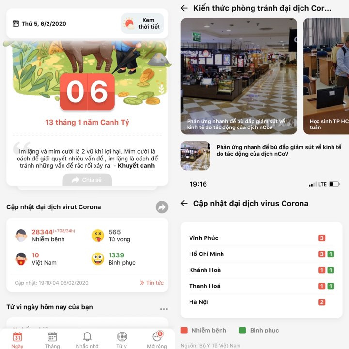 Ứng dụng lịch Như Ý giúp người dùng cập nhật tình hình dịch bệnh do virus Corona.