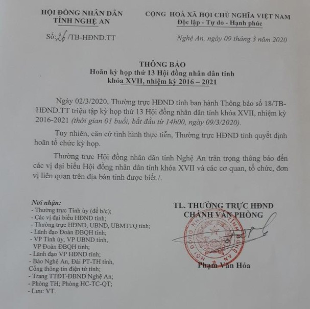 Thông báo hoãn kỳ họp thứ 13 HĐND tỉnh nhiệm kỳ 2016 - 2021. 