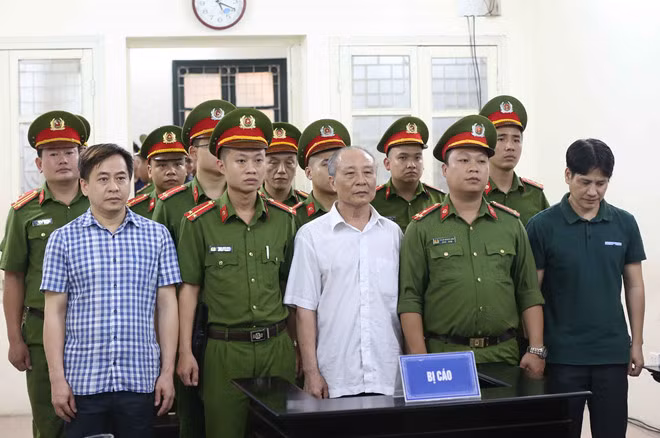 Bị cáo Phan Văn Anh Vũ (hàng trước, bìa trái), Phan Hữu Tuấn (giữa) và Nguyễn Hữu Bách nghe tòa tuyên án ngày 30.7.2018 (Ảnh: TTXVN)