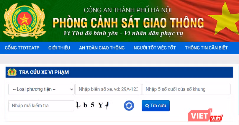 Giao diện trang tra cứu xe vi phạm