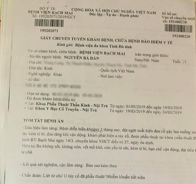 Giấy chuyển tuyến khám bệnh của anh Dần