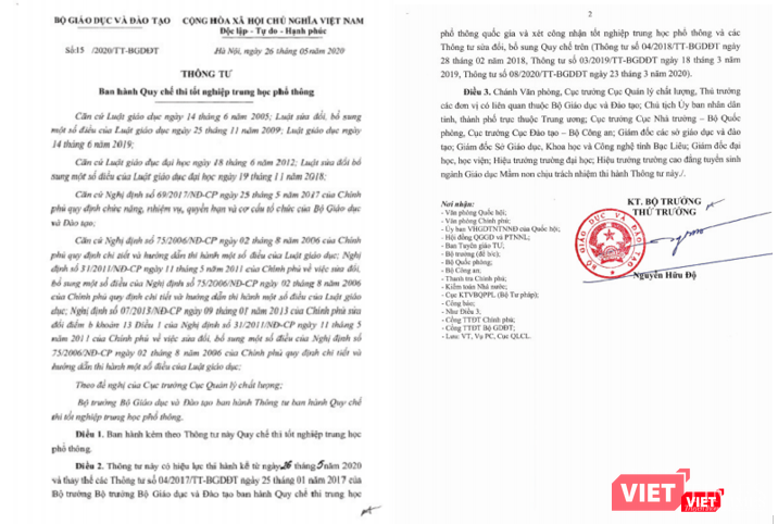 Thông tư 15/2020/TT-BGDĐT về Quy chế thi tốt nghiệp Trung học phổ thông THPT.