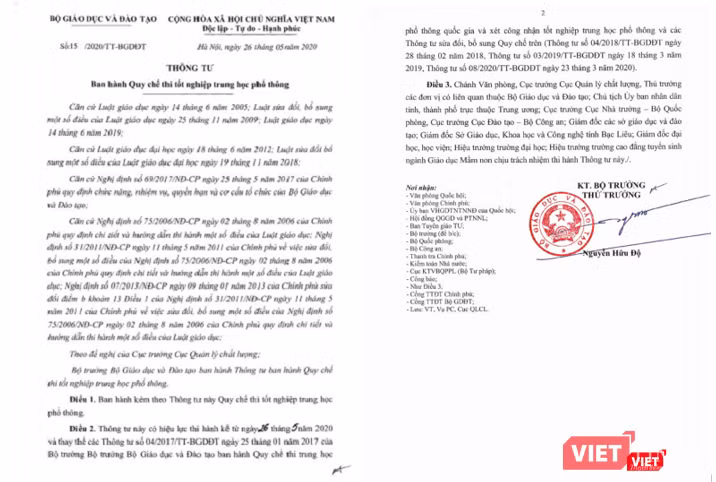 Thông tư 15/2020/TT-BGDĐT về Quy chế thi tốt nghiệp Trung học phổ thông THPT.