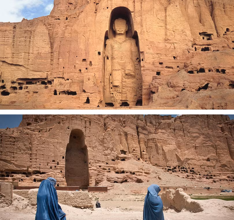 Ảnh chụp tượng Phật ở thung lũng Bamiyan trước và sau chiến tranh. Ảnh: UNESCO