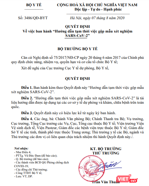 Quyết định ban hành “Hướng dẫn tạm thời việc gộp mẫu xét nghiệm SARS-CoV-2” của Bộ Y tế.