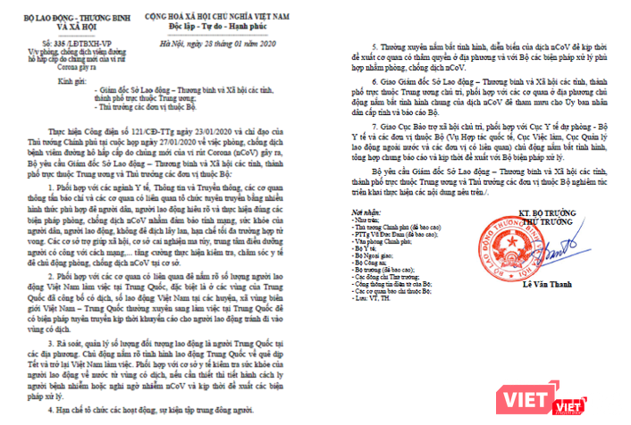 Bộ Lao động - Thương binh và Xã hội có văn bản số 335 /LĐTBXH-VP yêu cầu Giám đốc Sở Lao động – Thương binh và Xã hội các tỉnh, thành phố trực thuộc Trung ương và Thủ trưởng các đơn vị thuộc Bộ về việc phòng, chống dịch viêm đường hô hấp cấp do chủng mới của vi rút Corona gây ra. 