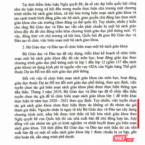 Báo cáo ngày 23/3/2020 của Chính phủ gửi Quốc hội về việc thực hiện triển khai đổi mới chương trình SGK, giáo dục phổ thông nhiều lần nhắc tới việc không đủ nhóm tác giả tham gia thầu thực hiện SGK.