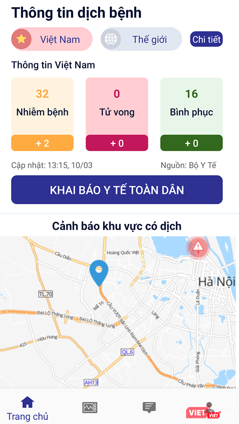Ứng dụng cập nhật thông tin theo thời gian thực các số liệu về dịch COVID-19. Ảnh chụp màn hình: Anh Lê.