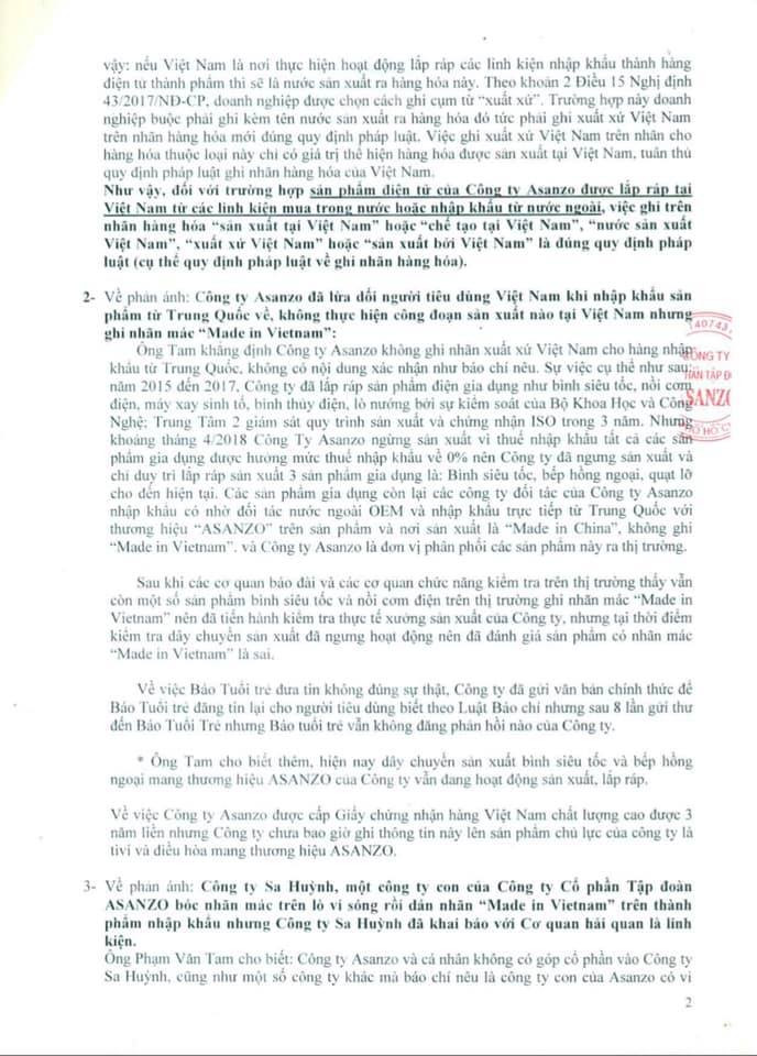 “Như vậy, đối với trường hợp sản phẩm điện tử của công ty Asanzo được sắp ráp tại Việt Nam từ các linh kiện mua trong nước hoặc nhập khẩu từ nước ngoài, việc ghi trên nhãn hàng hóa “sản xuất tại Việt Nam” hoặc “chế tạo bởi Việt Nam” là đúng quy định pháp luật (cụ thể quy định pháp luật về ghi nhãn hàng hóa)"- VCCI kết luận.