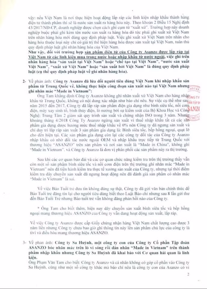 “Như vậy, đối với trường hợp sản phẩm điện tử của công ty Asanzo được sắp ráp tại Việt Nam từ các linh kiện mua trong nước hoặc nhập khẩu từ nước ngoài, việc ghi trên nhãn hàng hóa “sản xuất tại Việt Nam” hoặc “chế tạo bởi Việt Nam” là đúng quy định pháp luật (cụ thể quy định pháp luật về ghi nhãn hàng hóa)"- VCCI kết luận. “Như vậy, đối với trường hợp sản phẩm điện tử của công ty Asanzo được sắp ráp tại Việt Nam từ các linh kiện mua trong nước hoặc nhập khẩu từ nước ngoài, việc ghi trên nhãn hàng hóa “sản xuất tại Việt Nam” hoặc “chế tạo bởi Việt Nam” là đúng quy định pháp luật (cụ thể quy định pháp luật về ghi nhãn hàng hóa)"- VCCI kết luận.
