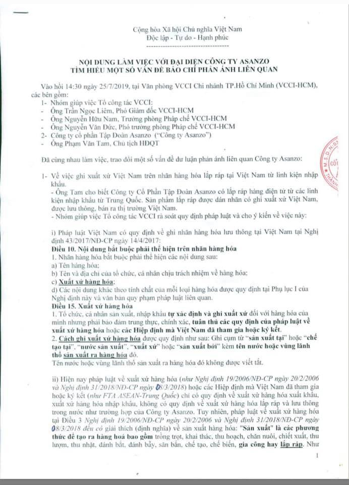 Nội dung làm việc của VCCI với Asanzo