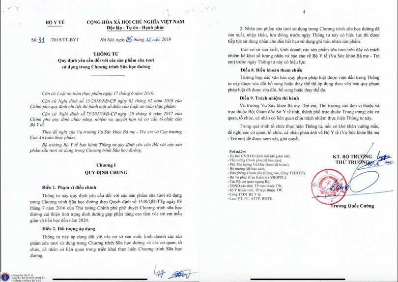 Thông tư đầu tiên của Bộ Y tế về sản phẩm Sữa học đường.