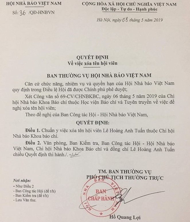 Quyết định của Hội Nhà báo Việt Nam về việc xóa tên hội viên Lê Hoàng Anh Tuấn.