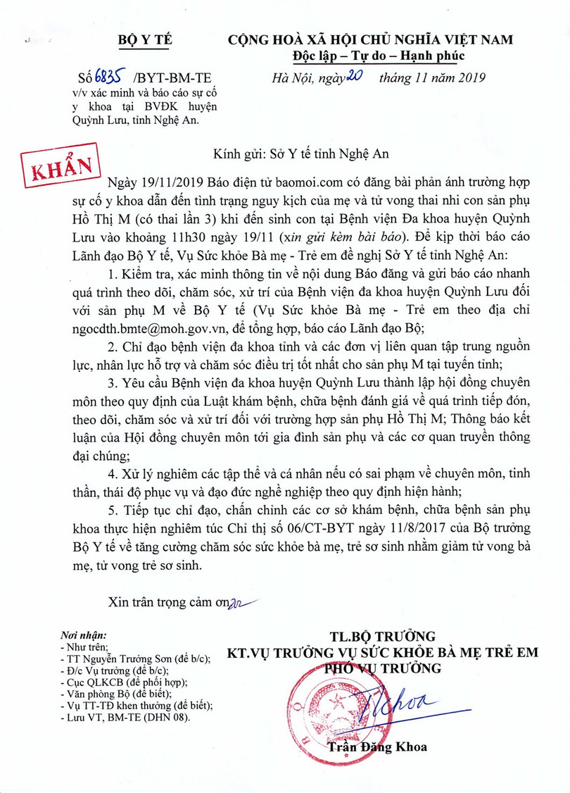 Công văn khẩn của Bộ Y tế yêu cầu Sở Y tế tỉnh Nghệ An chỉ đạo sát sao vụ việc thai nhi tử vong tại Bệnh viện Đa khoa huyện Quỳnh Lưu.