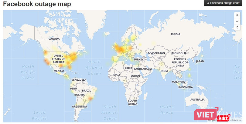 Châu Âu là điểm nóng về sự cố của Facebook vào thời điểm 23h ngày 3/7. Châu Âu là điểm nóng về sự cố của Facebook vào thời điểm 23h ngày 3/7.