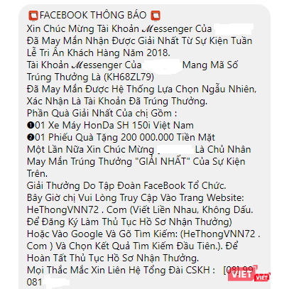 Nội dung tin nhắn thông báo trúng thưởng khiến nhiều người dùng mạng xã hội bán tín bán nghi. Nội dung tin nhắn thông báo trúng thưởng khiến nhiều người dùng mạng xã hội bán tín bán nghi.