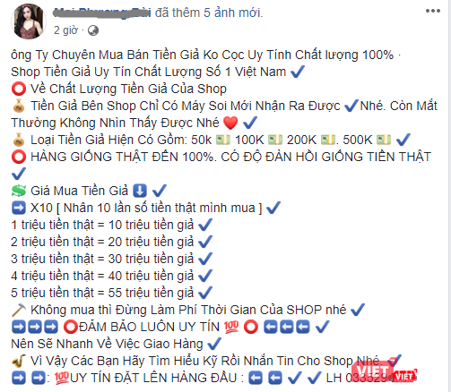 Các nội dung rao bán, quảng cáo tiền giả xuất hiện công khai trên Facebook.