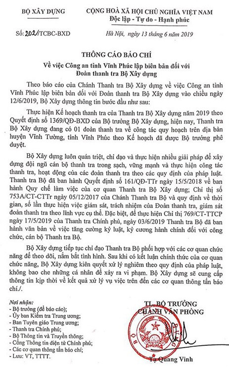 Chánh Văn phòng Bộ Xây dựng Tạ Quang Vinh thông tin về vụ việc của 5 thành viên trong đoàn thanh tra.