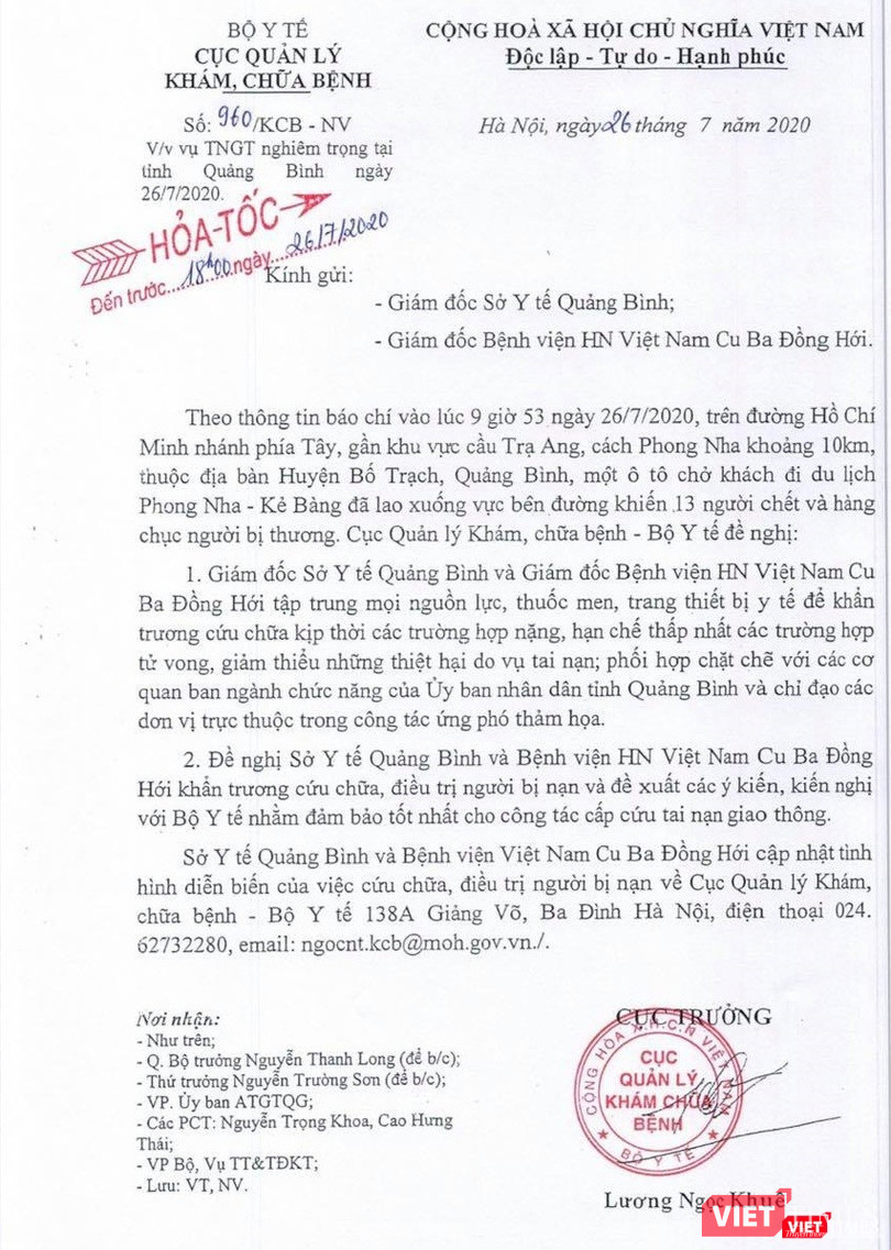 Công văn khẩn mà Cục Quản lý khám, chữa bệnh vừa phát đi chiều nay về vụ TNGT nghiêm trọng tại Quảng Bình. Công văn khẩn mà Cục Quản lý khám, chữa bệnh vừa phát đi chiều nay về vụ TNGT nghiêm trọng tại Quảng Bình.